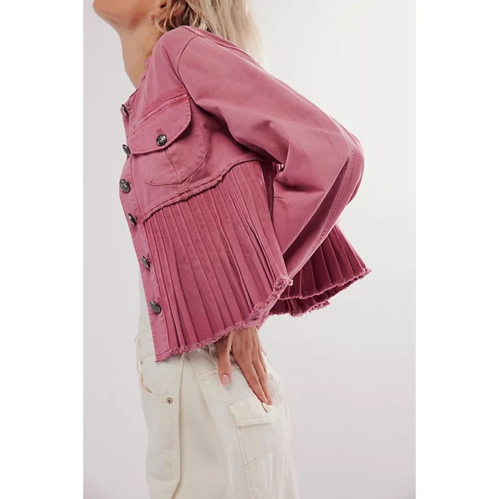 Free People Cassidy Jacket Womens XS Pink Pleated Hem Cropped Boho Herringbone